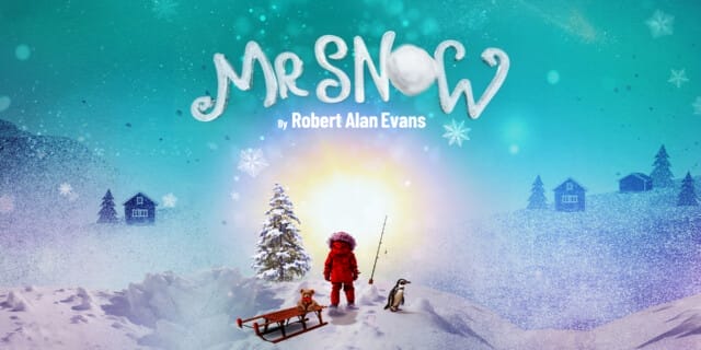 A snowy landscape with trees, wooden huts, a sledge with a teddy bear on, a child wearing a red snow suit, a fishing rod and a penguin all stand.